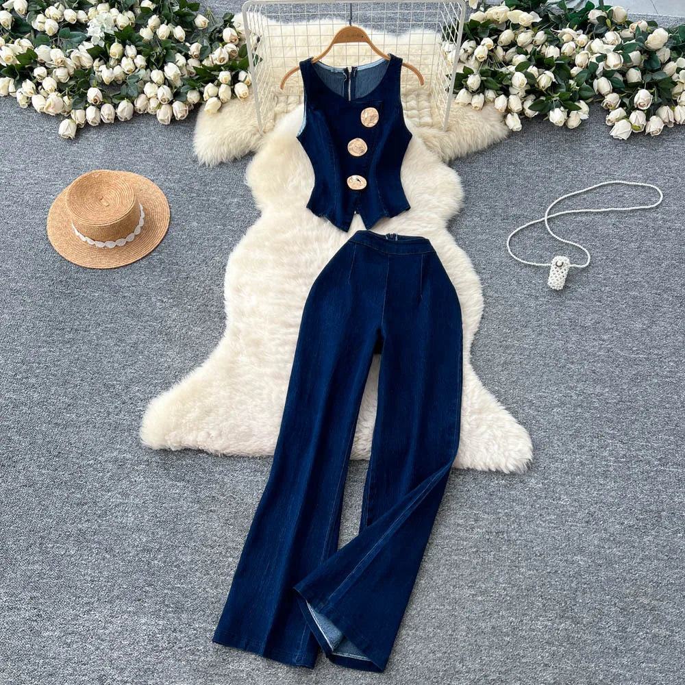 Fashion Denim Women Loungewear Sets Sleeveless Button Tank Tops and Wide Leg Jean Pants Suit 2025/2026 Holiday Outfits 2 Piece Set