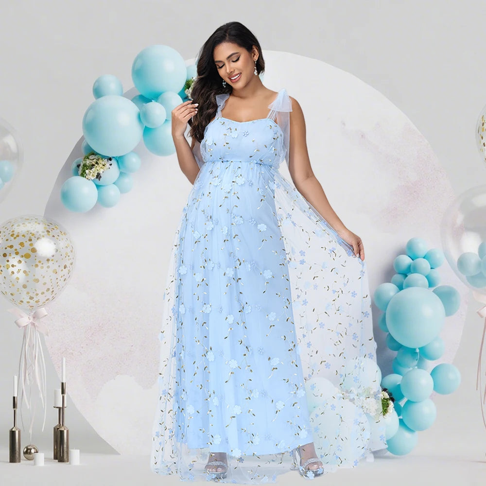 Maternity Photography Tulle Straps Evening Party Gowns Floral Embroidered Mesh Summer Long Dress for Baby Shower Photoshoot