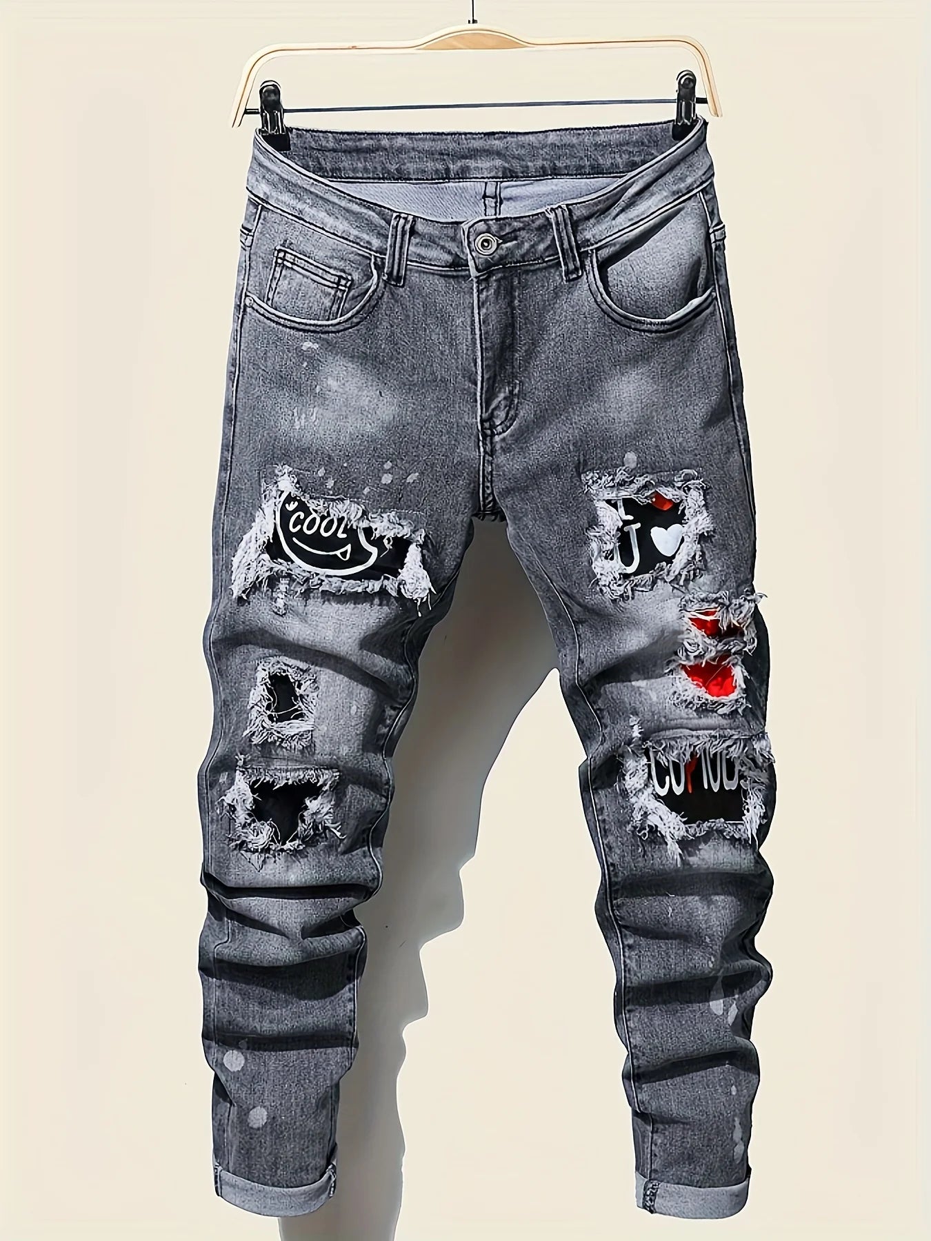 Men's slim fit ripped long denim pants, tight jeans with pockets, side straps, and zippers, men's jogging pants, ripped stretch Main image