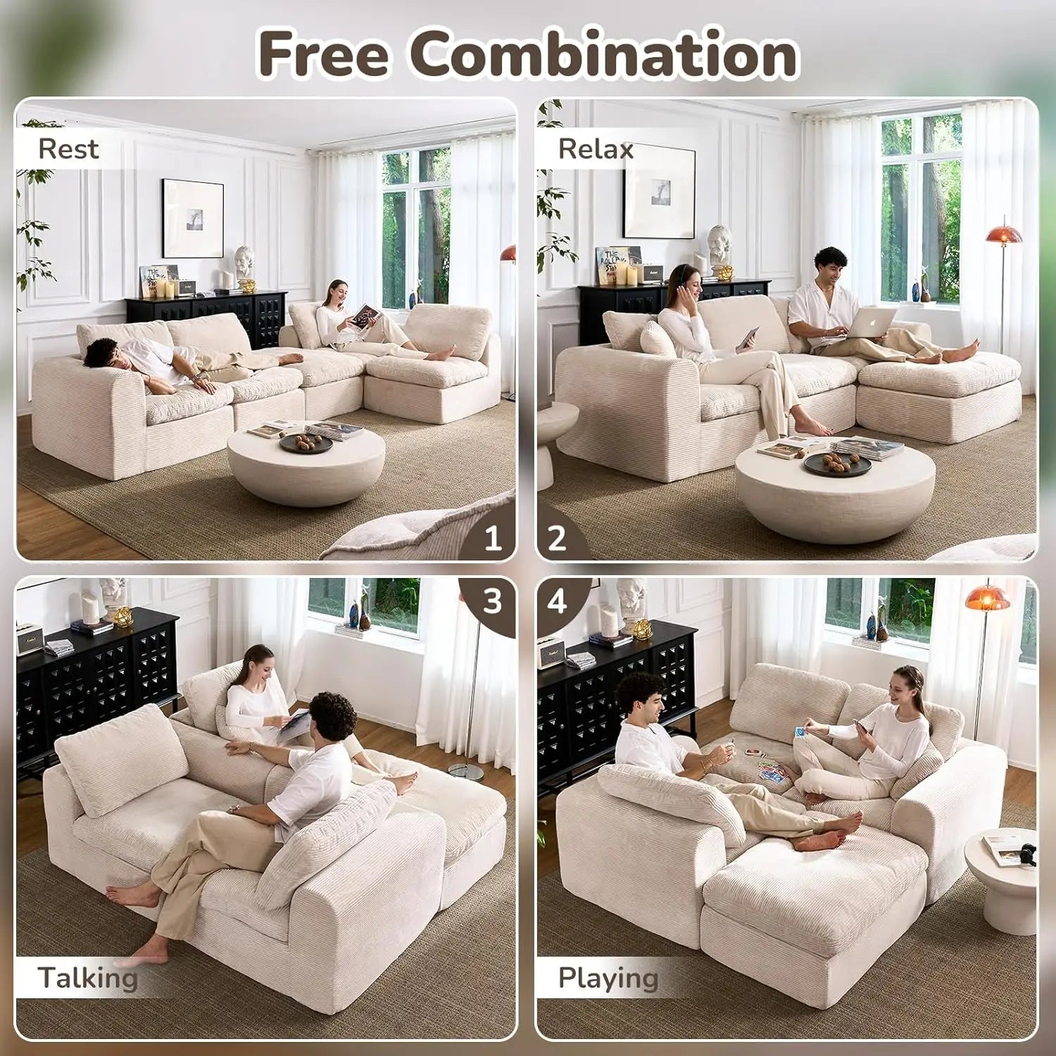 108" Boneless Cloud Sectional Couch for Small Living Room – L-Shape Modular Sofa with Ottoman, Deep Seat, Corduroy,, Customized