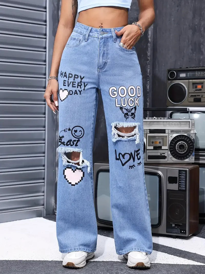 Women's High Waist Button Up Butterfly Print Jeans Fashion Casual Straight Pants for Women Spring Summer 2024 Chic Ripped Jeans Main image