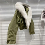 Big Fox Fur Collar Removable Rabbit Liner Short Coat Jacket for Women Winter Elastic Hem Hooded Jackets Wram Fashion Outwear