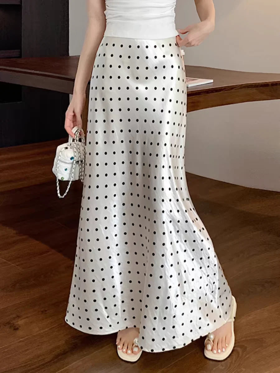 Women Polka Dot Acetate Satin Mermaid Maxi Skirt High-Waisted Slimming Fishtail Hem with Draped Elegance for Spring Autumn
