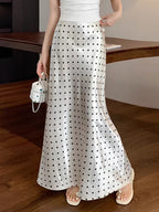 Women Polka Dot Acetate Satin Mermaid Maxi Skirt High-Waisted Slimming Fishtail Hem with Draped Elegance for Spring Autumn