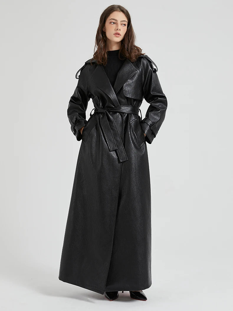 Lautaro Spring Autumn Extra Long Brown Pu Leather Trench Coat for Women Sashes Luxury Chic Overcoat Runway European Fashion 2024