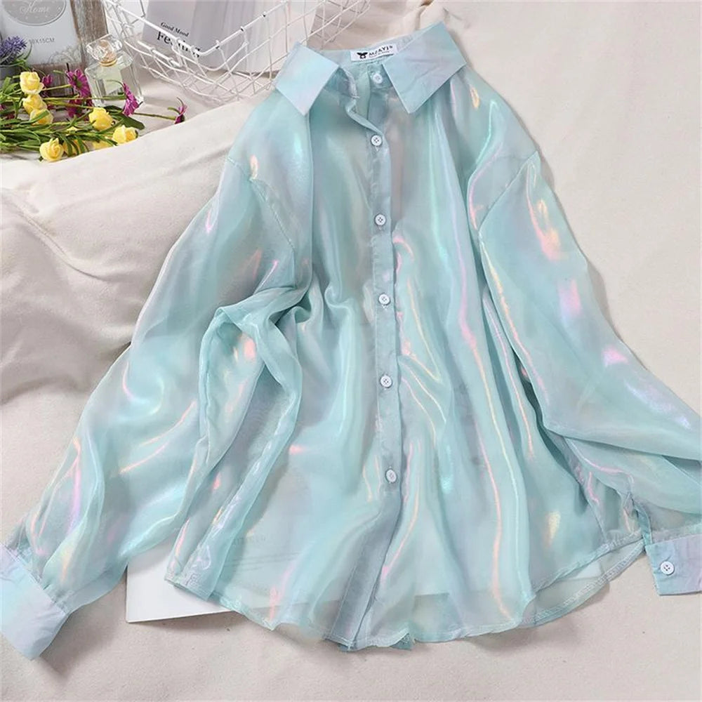 Rainbow Loose Women Tops Shirts Colors Glossy Thin Blouse Fashion Korean Long Sleeve Summer Beach Cute Ladies Tops Summer Casual Main image