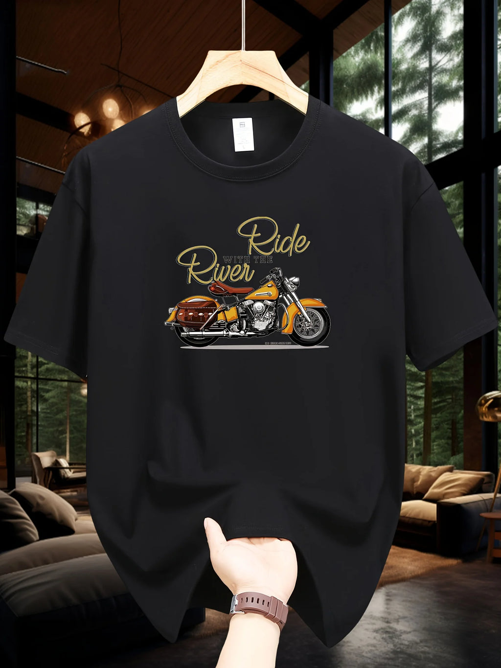 Men's Summer 100 Cotton Fashionable Casual Loose Large Size Classic Motorcycle Pattern Printed Round Neck Short Sleeve T-shirt