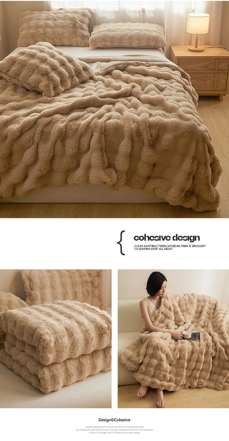 Ultra Soft Luxury Flffy Faux Rabbit Fur Blanket, Thick Winter Warm Throw Blankets, Plush Cozy Bubble Fleece Blankets Home Decor