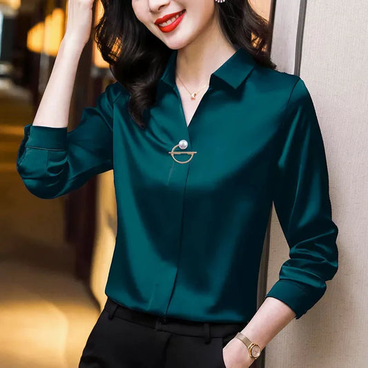 Elegant Women Chiffon Blouse New Temperament Turndown Collar Office Lady Shirt Streetwear Casual Solid Color Tops Clothing