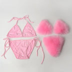 Summer Women Fake Fox Fur Sexy Halter Solid Color Bikini Set Swimsuits Triangle Sexy Bikini Set Faux Fur Swimsuit Plush Swimwear