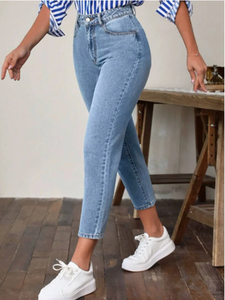 Pocket Micro Elastic Pants High Waist Solid Color Women's Straight Leg Pants Fashion High Street Daily Versatile Spring Jeans Main image