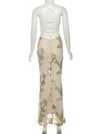 Nibber Elegant Flower Embroidery Maxi Dress Women Low-Neck Cross Bandage Backless Summer Street Trend Skinny Holiday Vestidos