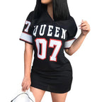 Fashion V-Neck Queen Letters Print Dress Short Sleeve Basketball Sporty Style Sexy Loose Female Clothing Streetwear Loungewear