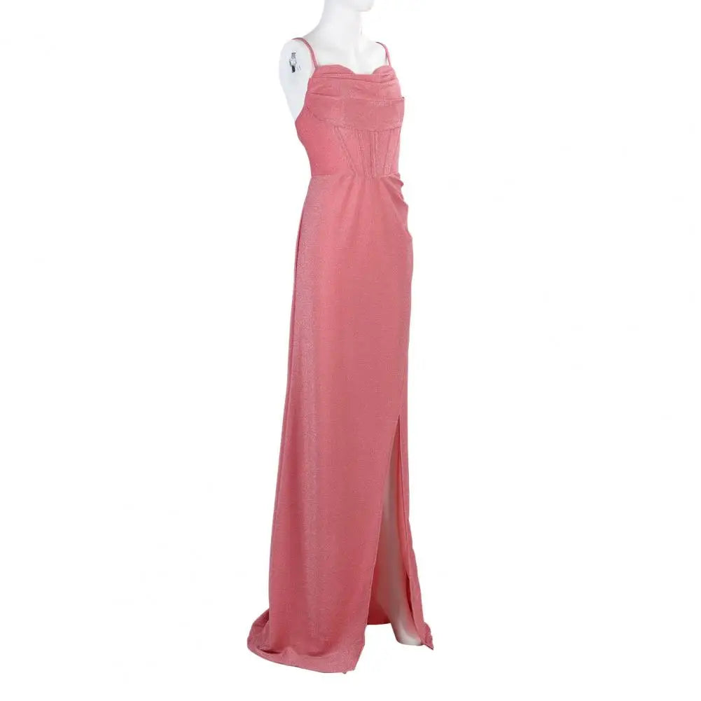 Women Evening Dress Spaghetti Strap Shiny Sequin Off Shoulder Sleeveless Low-cut High Split Loose Floor Length Women Prom Dress