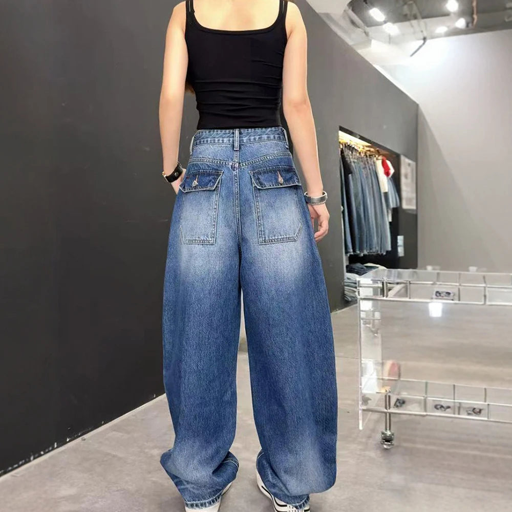 2025/2026 Grunge Y2K Streetwear Washed Blue Baggy Pleated Jeans Pants For Women Clothing Distressed Wide Leg Loose Old Lady Trousers Secondary image
