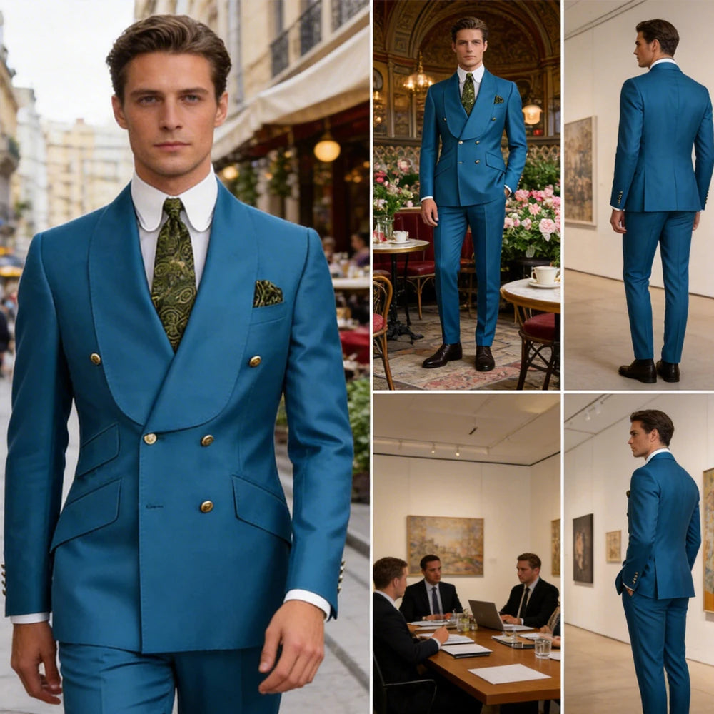 Men's Double Breasted Tuxedo Suit Shawl Lapel Slim Fit 2 Piece Blazer & Pants Formal Business Luxury Suits Casual Wedding Groom