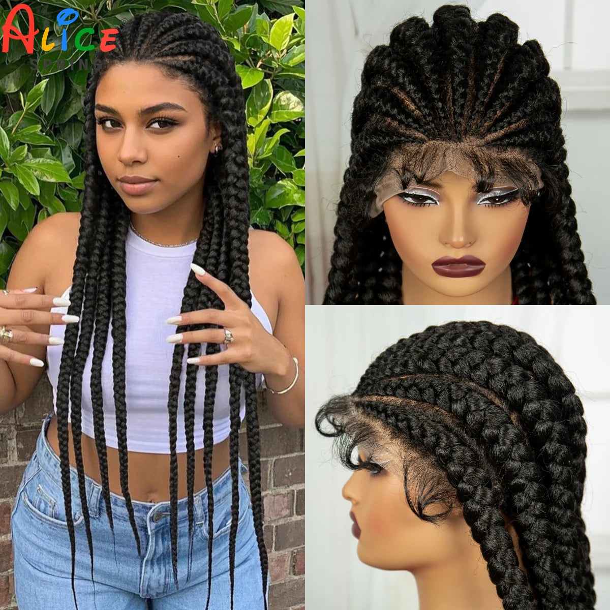32INCH Cornrow Braided Wigs Synthetic Full Lace Braids Wig with Baby Hair Lace Frontal Knotless Braided Lace Wig for Black Women Main image