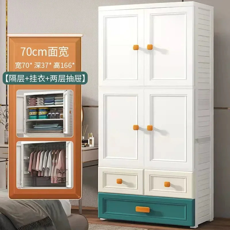 New model 70-Face wide thickened wardrobe simple bedroom plastic cabinet double door drawer type clothes hanging storage cabinet
