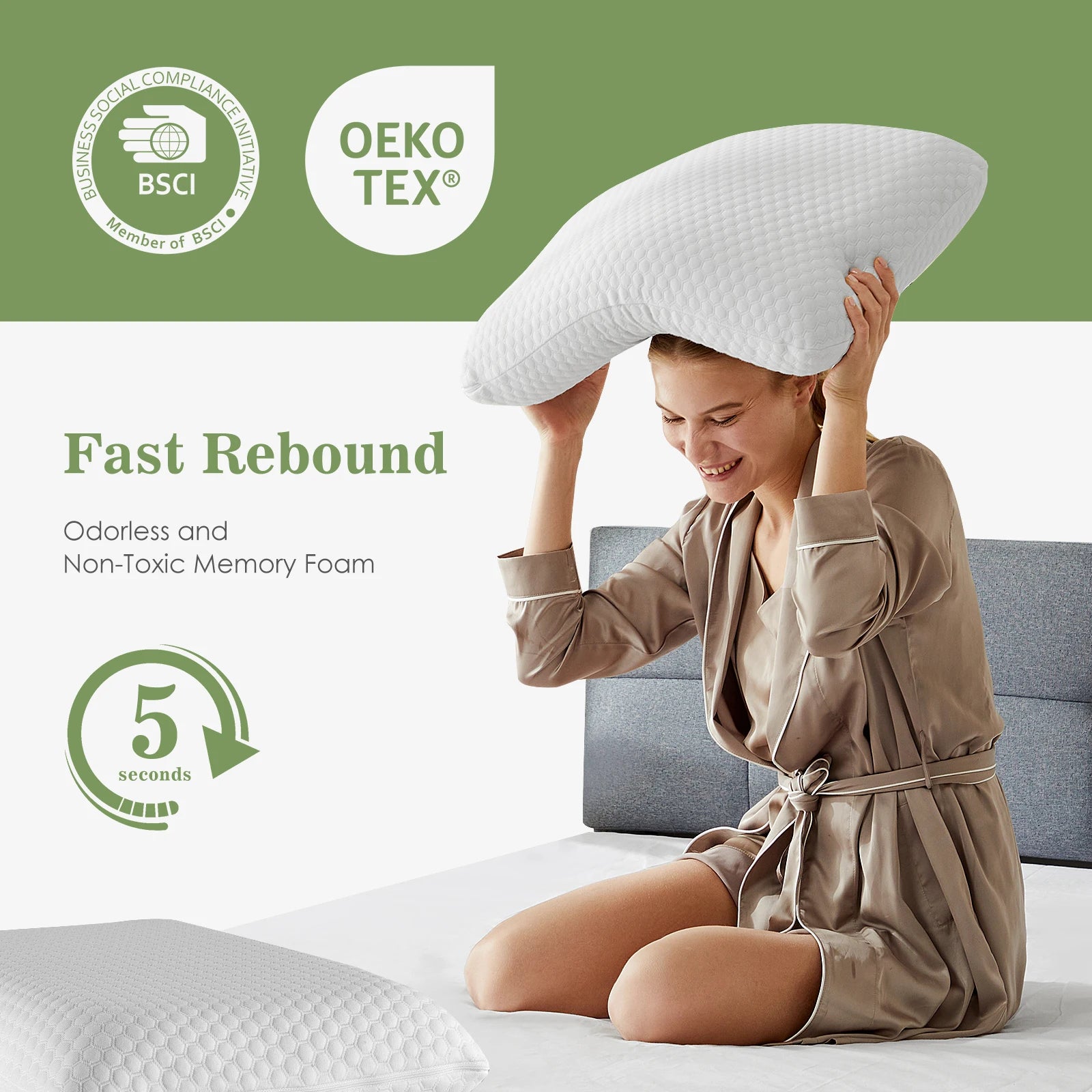 JHK 2-pieces Memory Foam Pillows Standard Size Neck Pillow Ventilated Cooling Bed Pillow with Removable Washable Cover Comfort Secondary image