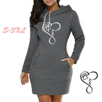 Womens Dress Neck Side Zipper Long Sleeve Hooded Sports Skirt Casual Printing Knee-Length Dress European Style Streetwear S-3XL