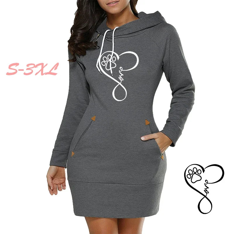 Womens Dress Neck Side Zipper Long Sleeve Hooded Sports Skirt Casual Printing Knee-Length Dress European Style Streetwear S-3XL Main image