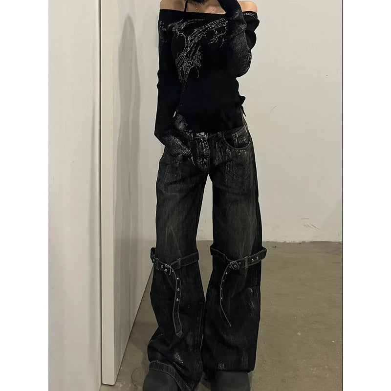 Black Women's Jeans High Waist Hip Hop Straight Fashion Pants Streetwear Harajuku Y2K Star 2024 Female Wide Leg Denim Trouser Main image