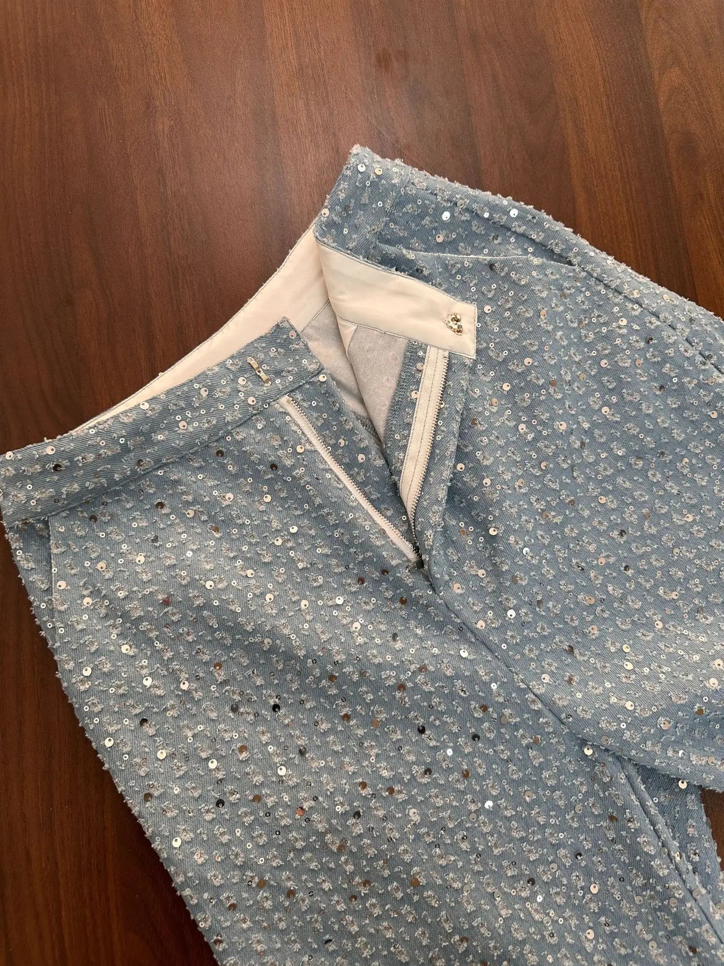 Fashion Sequins Denim Set Women Strapless Tunic Waist Crop Top and Wide Leg Pant Suit 2025 &2026 New 2 Piece Sets Outfits Tracksuit