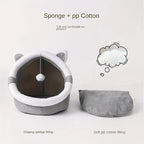 1 Comfortable Cartoon Cat House with Removable Pad, Modern Style Pet Bed Cave, Indoor Plush House Bed with Pompom