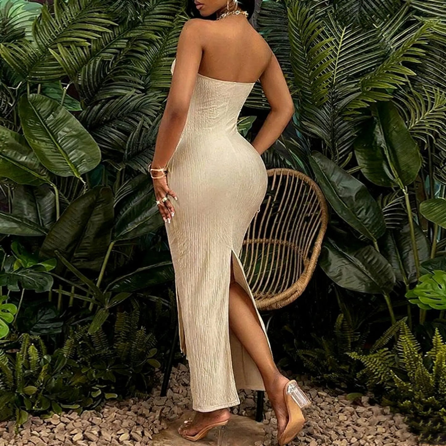 Sexy Backless Cutout Maxi Dress Solid Color High Slit Summer Sleeveless Elegant Y2K Style Women Party Dress