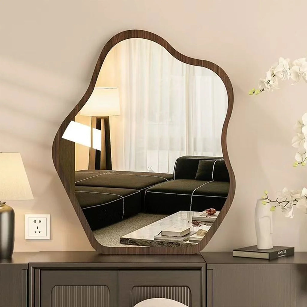 Irregular Wall Mirror Wavy Wooden Framed Modern Bohemian Decorative Mirror for Bathroom Bedroom Living Room Entryway
