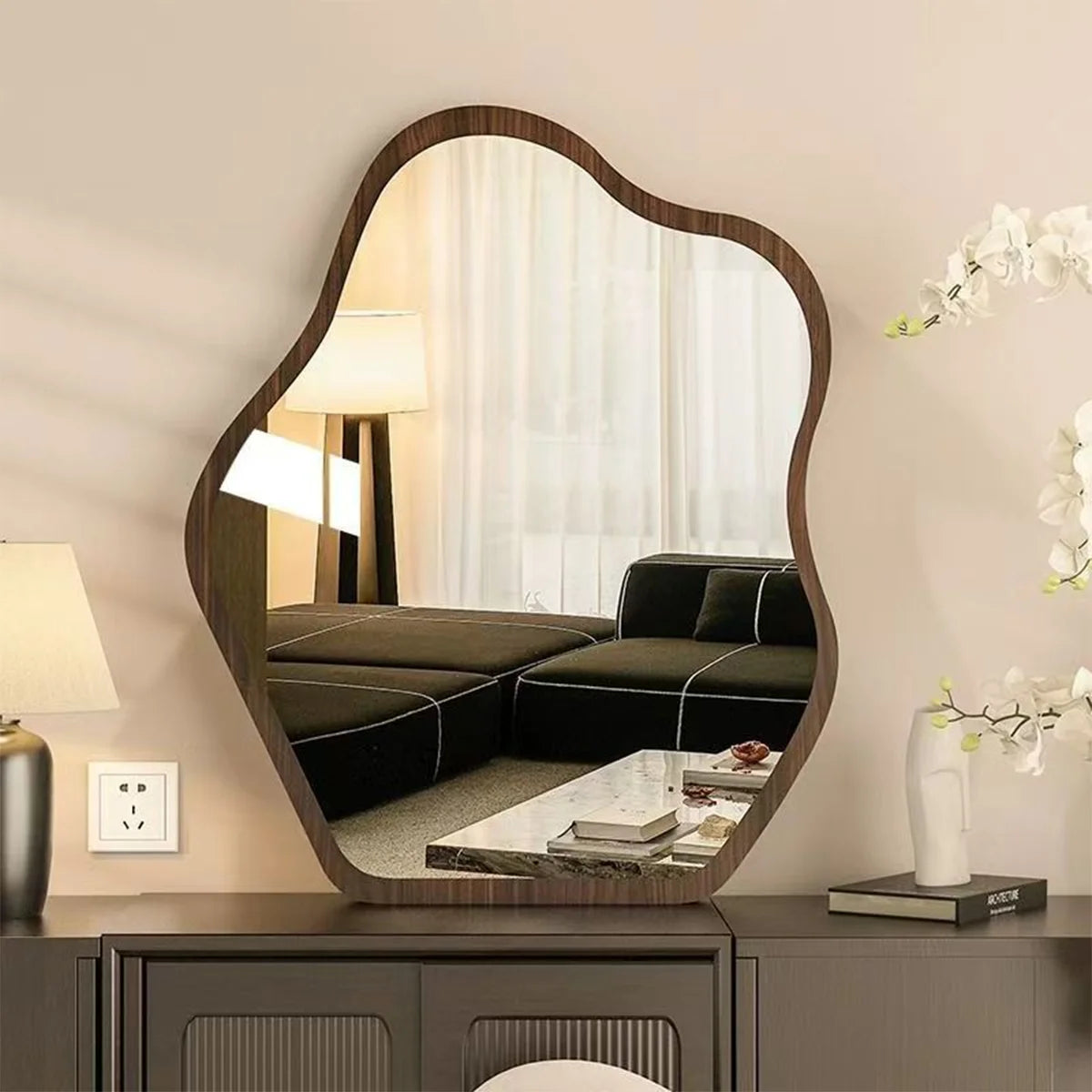 Irregular Wall Mirror Wavy Wooden Framed Modern Bohemian Decorative Mirror for Bathroom Bedroom Living Room Entryway