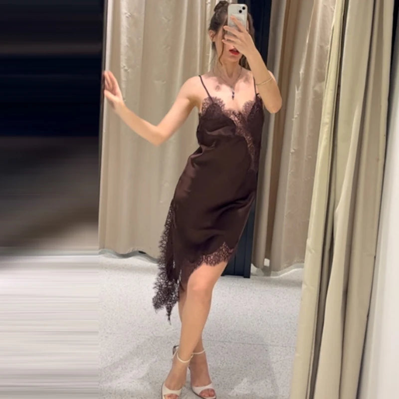 HXAO Womens Dresses Lace Asymmetric Slip Dress Summer 2026 Sexy Evening Dresses Ladies Mini Brown Sleeveless Backless Vestidos