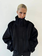 Casual Solid Loose Jackets Women Fashion Full Sleeve Single Breasted Stand Collar Short Coats Female 2025 Autumn Lady Outwears