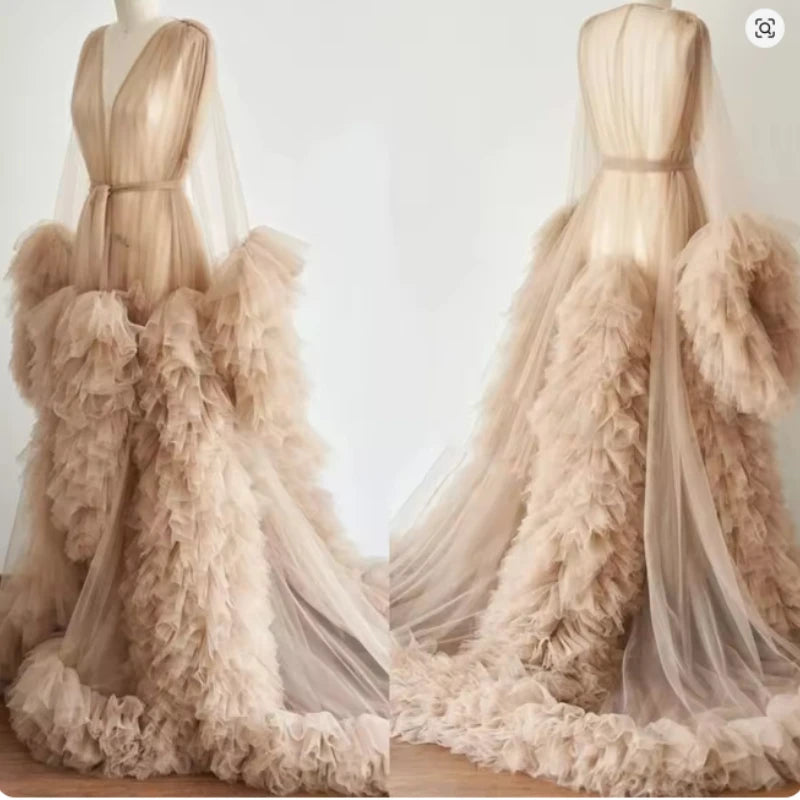 Women's Dressing Gown Perspective Sheer Long Tulle Robe Puffy Pregnancy Maternity Dress for Baby Shower Nightgown Sleepwear Main image