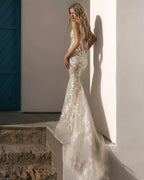 Fashion Wedding Dresses Lace Appliques V-Neck Beads Pearls Bride Gowns Mermaid Custom Made Sweep Train Beach Vestidos De Novia