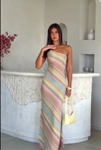 Color Blocked Knitted Long Dress Women Elegant Off Shoulder Corset High Split Vestidos 2026 Lady Daily Beach Vacation Wear New