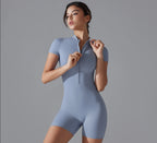 European and American nude one-piece yoga suit with stand up collar, half zipper, short sleeved fitness jumpsuit, tight fitting