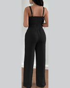 2 Piece Outfits For Women 2025 Sexy V-Neck Strap Shirred Slim Crop Top & Lace-up Wide Leg Pants Sets Elegant Office Lady Suit