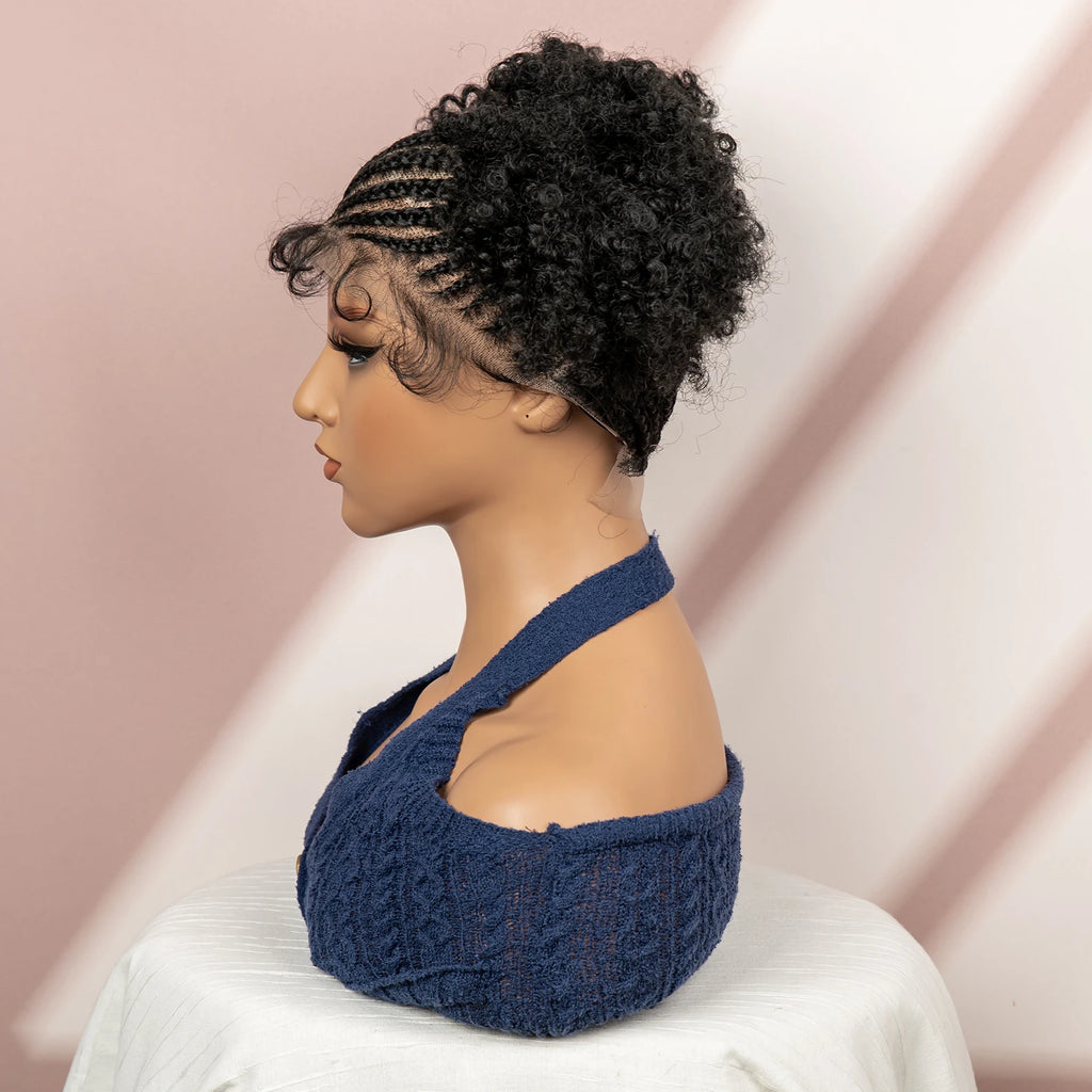6 Inch Afro Cornrow Braided Wigs with Baby Hair Synthetic Full Lace Braid Wig Double Ponytail Bun Head Knotless Wig