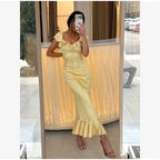 Flutter Sleeves Slim Long Dress Women Casual Pleated Deep V-neck Floral Print High Waist Dresses 2026 Lady Summer Holiday Wear