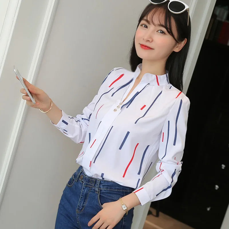 Xpqbb Autumn New White Shirt for Women Fashion Stripe Print Long Sleeve Office Lady Blouses Casual Loose Stand-up Collar Blusas