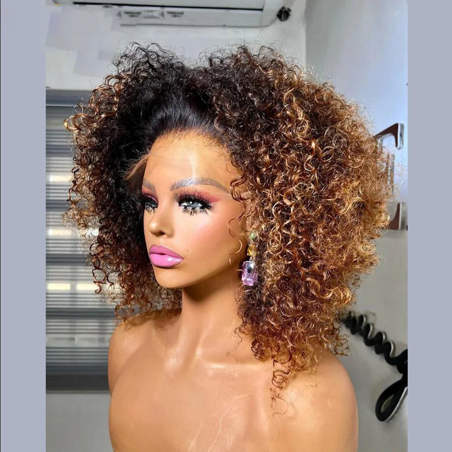 Bob Soft 16“Ombre Blonde Brown Kinky Curly 180Density Lace Front Wig For Black Women BabyHair Glueless Preplucked Heat Resistant Secondary image