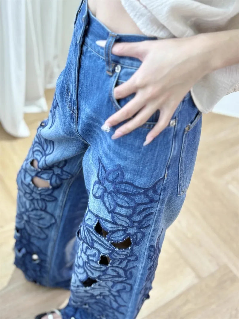 Summer Women Jeans Floral Embroidery Straight Trousers Designer Streetwear Casual Hollow Out Vintage High Waist Denim Long Pants
