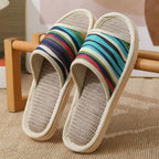 Striped Linen Open Toe Slippers Breathable Indoor House Slippers Anti Slip EVA Sole Lightweight Casual Home Slides For Men Women