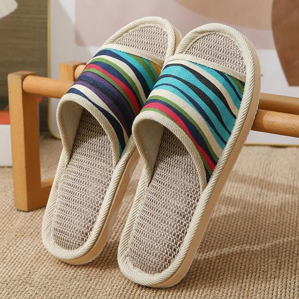 Striped Linen Open Toe Slippers Breathable Indoor House Slippers Anti Slip EVA Sole Lightweight Casual Home Slides For Men Women
