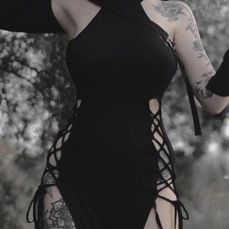Goth Dark Cosplay High Split Sexy Bandage Women Dresses Y2K Mall Gothic Halter Slim Midi Dress Black Grunge Style Alt Partywear
