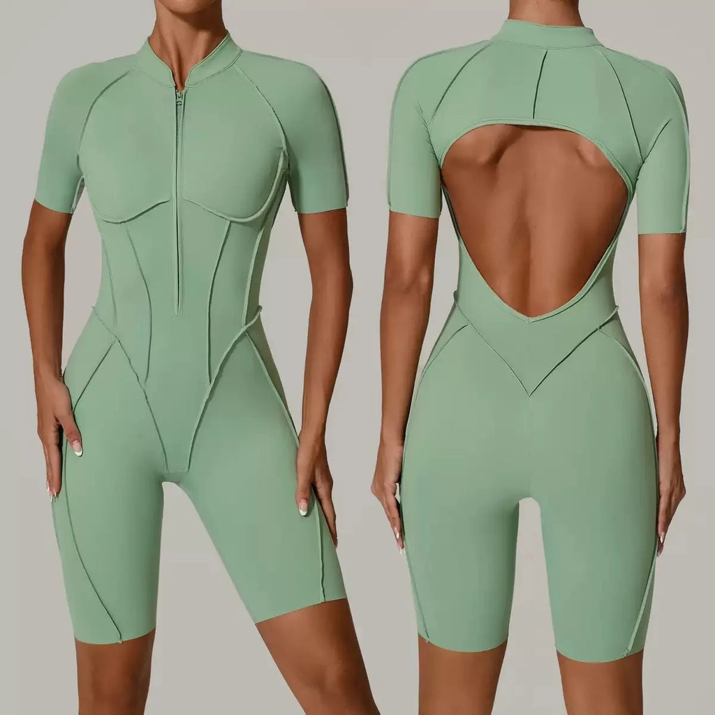 Seamless Yoga Jumpsuits Sports Fitness Zipper Hip-lifting Short-sleeved Backless Dance Workout Gym Shorts Bodysuits for Women