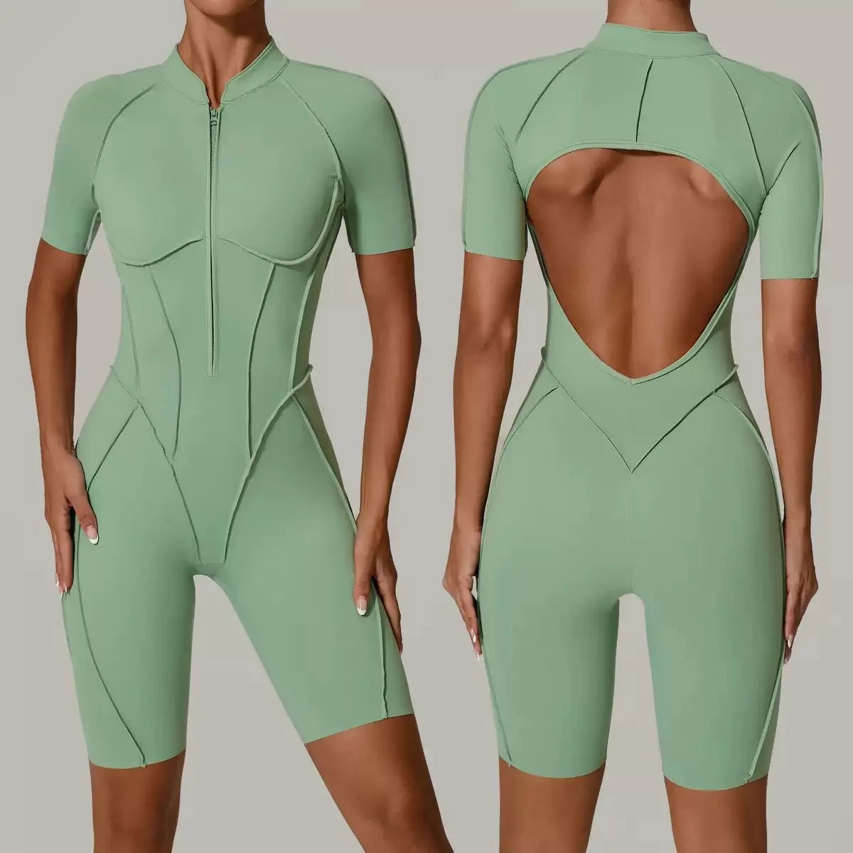 Seamless Yoga Jumpsuits Sports Fitness Zipper Hip-lifting Short-sleeved Backless Dance Workout Gym Shorts Bodysuits for Women Main image