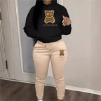 2 Piece Set Women Outfit Letter Bear Print Hooded Neck Hoodies Sweatshirt Pants Tracksuit 2024 Plus Size Streetwear Casual Suit