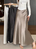 Women Polka Dot Acetate Satin Mermaid Maxi Skirt High-Waisted Slimming Fishtail Hem with Draped Elegance for Spring Autumn